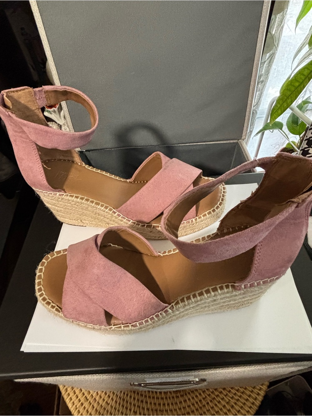 Pink Suede Ankle-Strap Espadrille Wedges